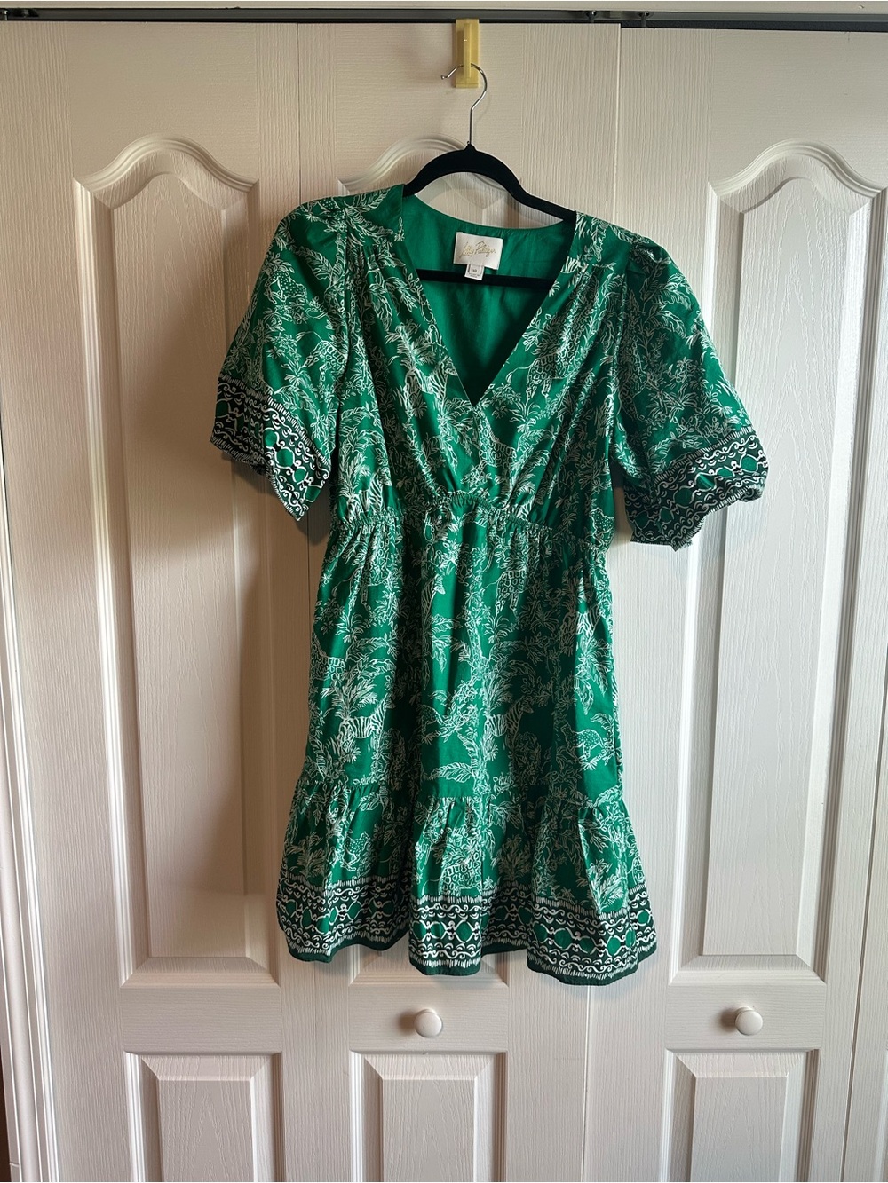 Lilly Pulitzer Emerald Green Animal Print Floral V-Neck Tiered Dress